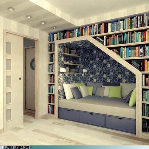 Color-organized bookcase shelves