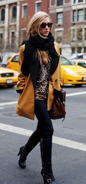 Warm light street fashion with bold jewelry