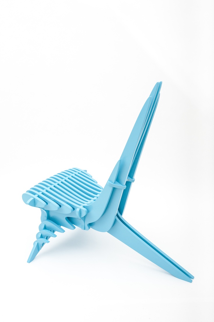 Sky-blue ribbed chair with slotted parametric construction