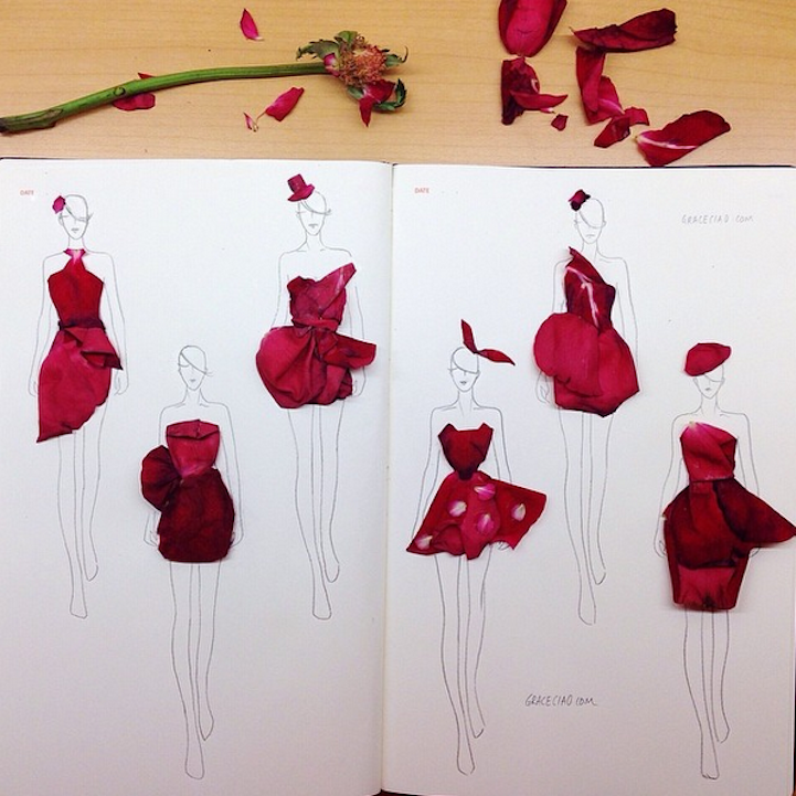 Floral petal dress design on fashion figure sketch