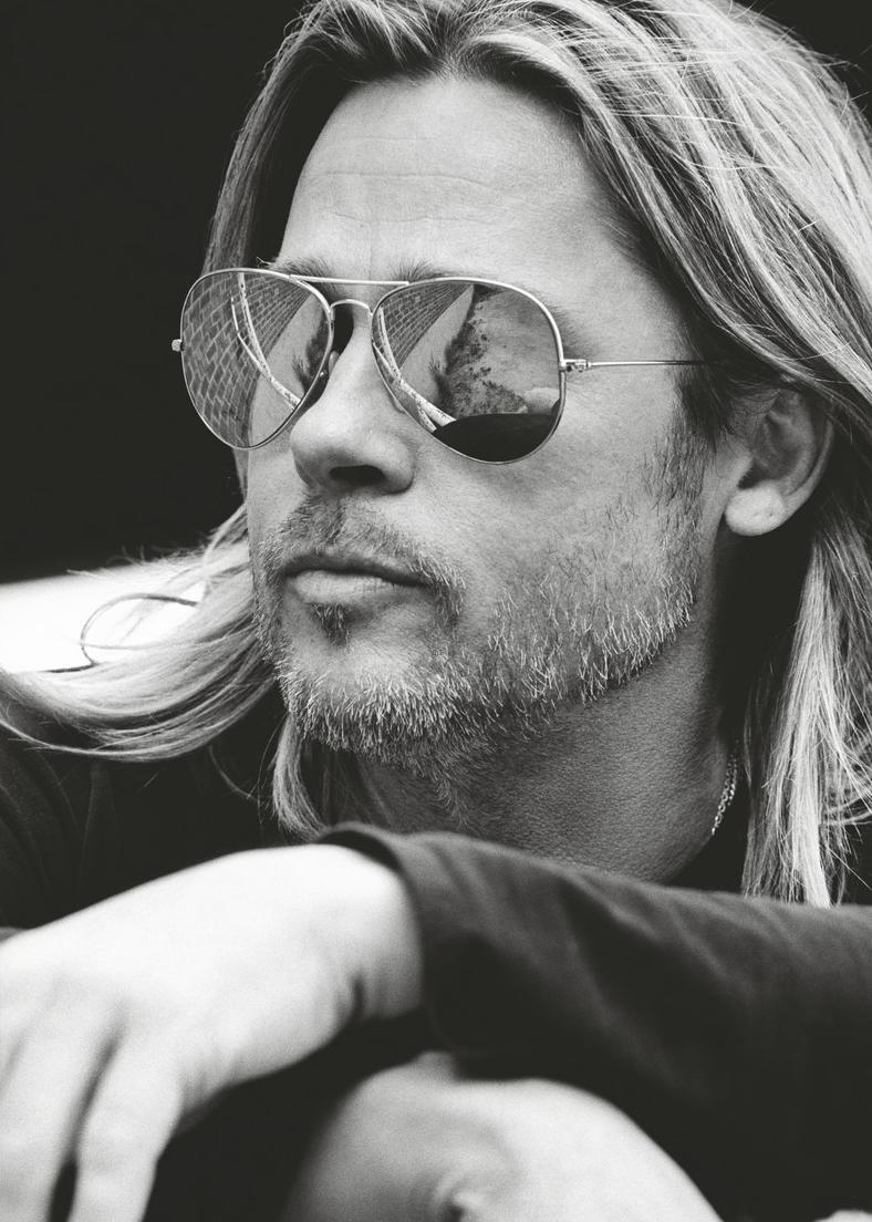 Brad Pitt portrait with aviators by Max Vadukul for Esquire