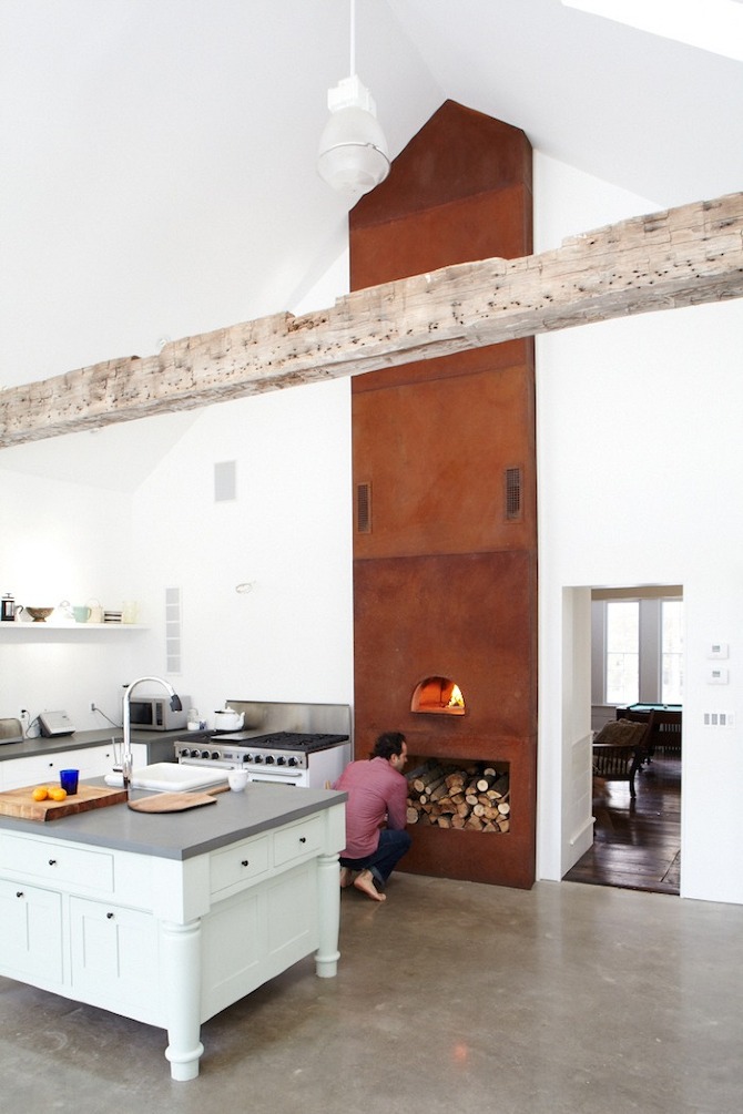Tall interior view showing beams and modern finishes