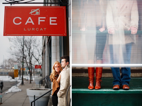 Couple in a cozy holiday engagement photo moment