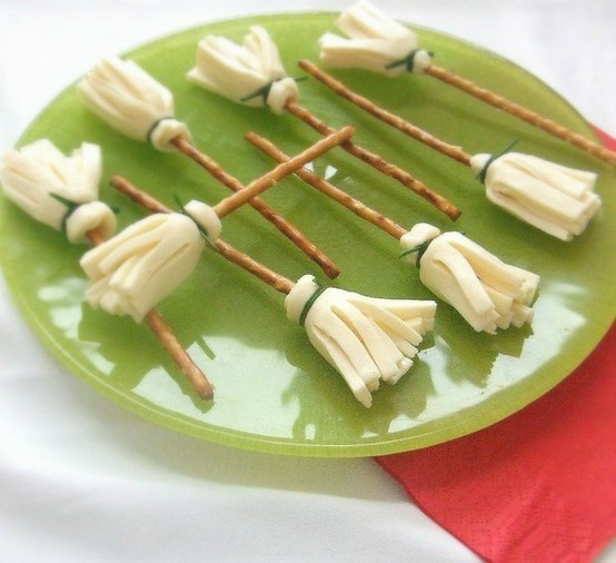 Pretzel and cheese witch broomstick snacks