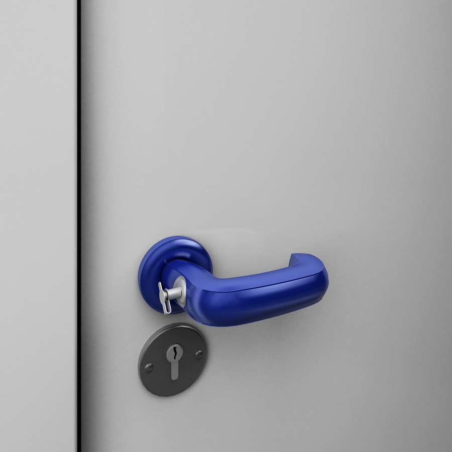 Blue door handle with awkward lock detail