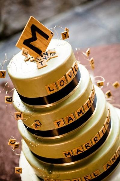 Celebration cake decorated with Scrabble tiles