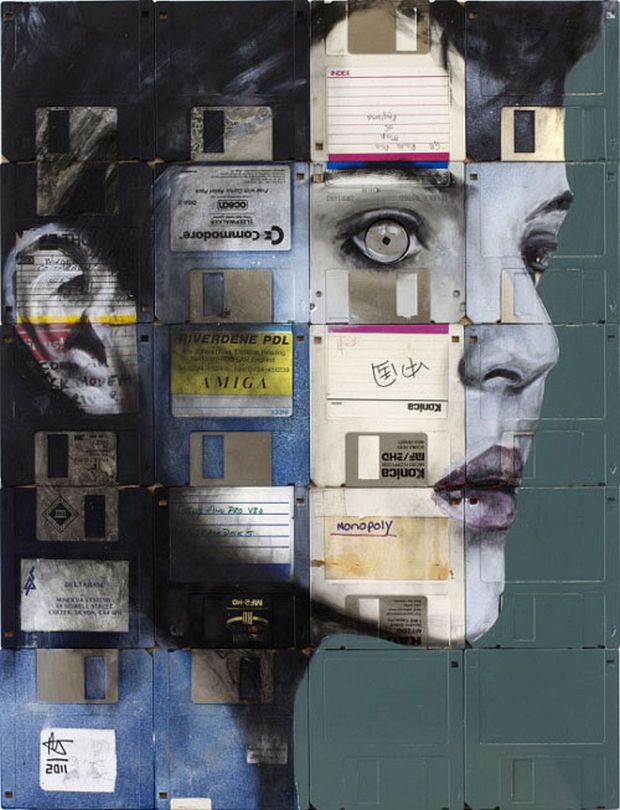 Close-up portrait painted across a grid of vintage floppy disks