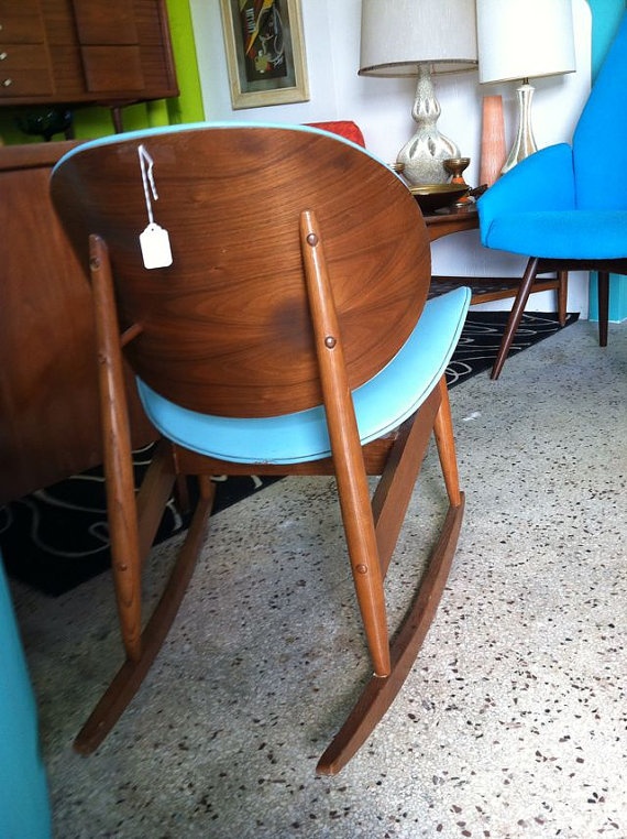 bentwood circular back rocking chair with blue upholstery