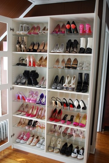 Bookshelf converted into a shoe rack