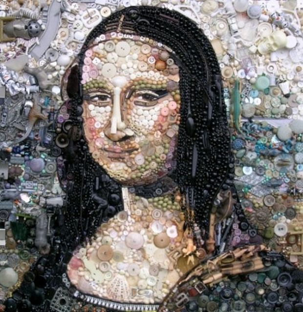 Mona Lisa mosaic made from buttons, beads, toys, and plastic scraps