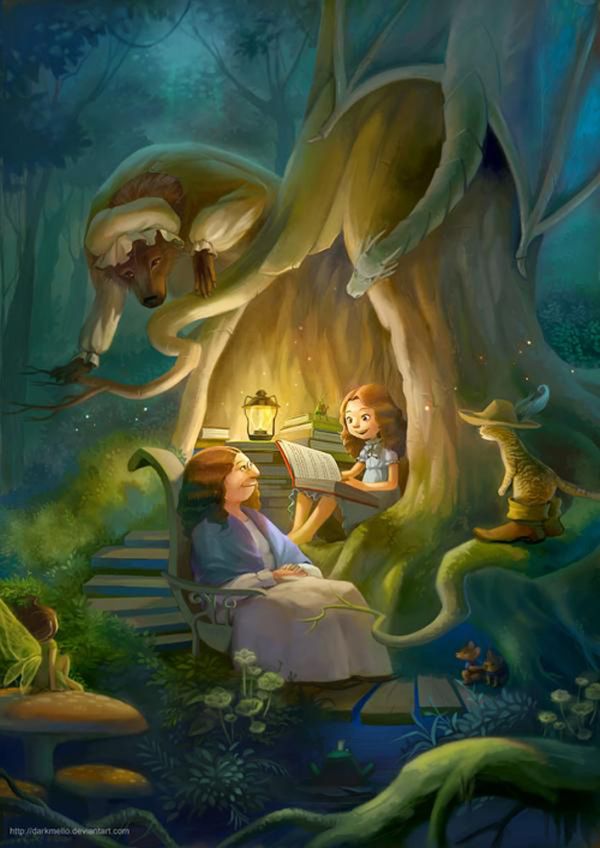 Girl reading aloud in a hollow tree while fairytale creatures listen