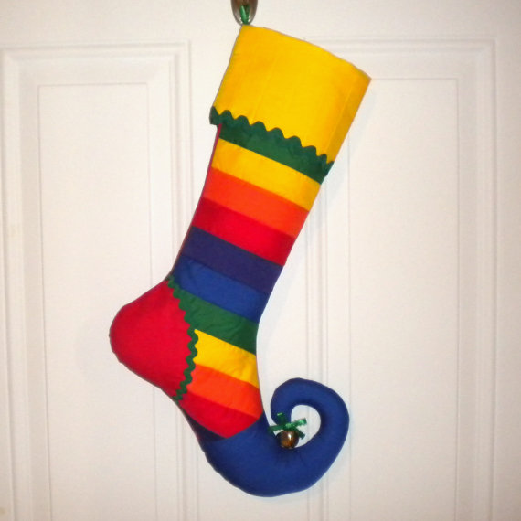 Patchwork Quilted Christmas Stocking with Rainbow Stripe Pattern
