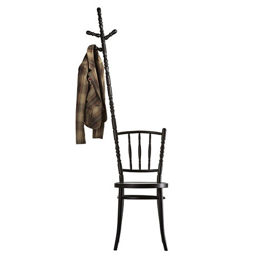 Black wooden chair that extends into a coat rack