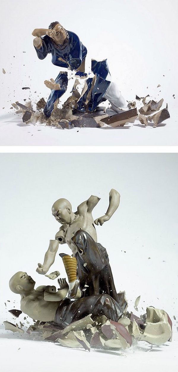 High-speed photo of porcelain figure breaking apart