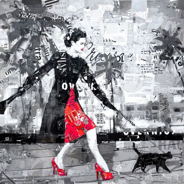 Fashion collage of a woman walking a cat, made from newspaper and magazine scraps