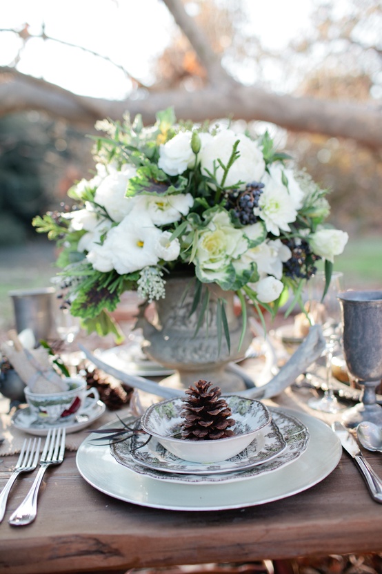 Winter tablescape centerpiece in white tones