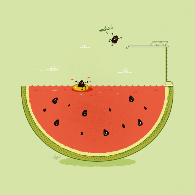 Watermelon seeds swimming and diving in a fruit slice pool
