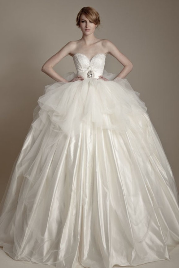 Sweetheart ballgown with crystal sash and tulle peplum