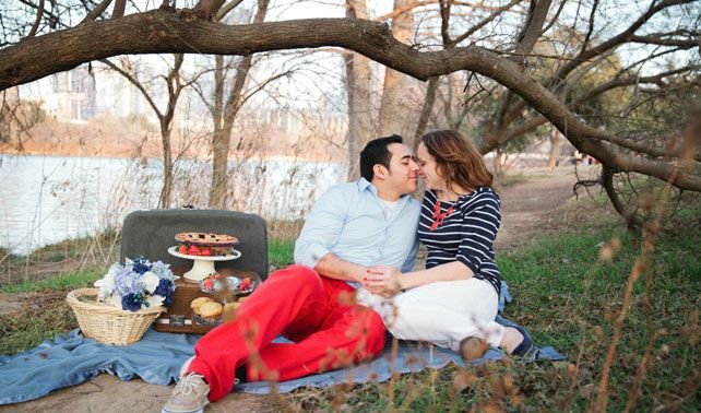 Picnic engagement session in open field