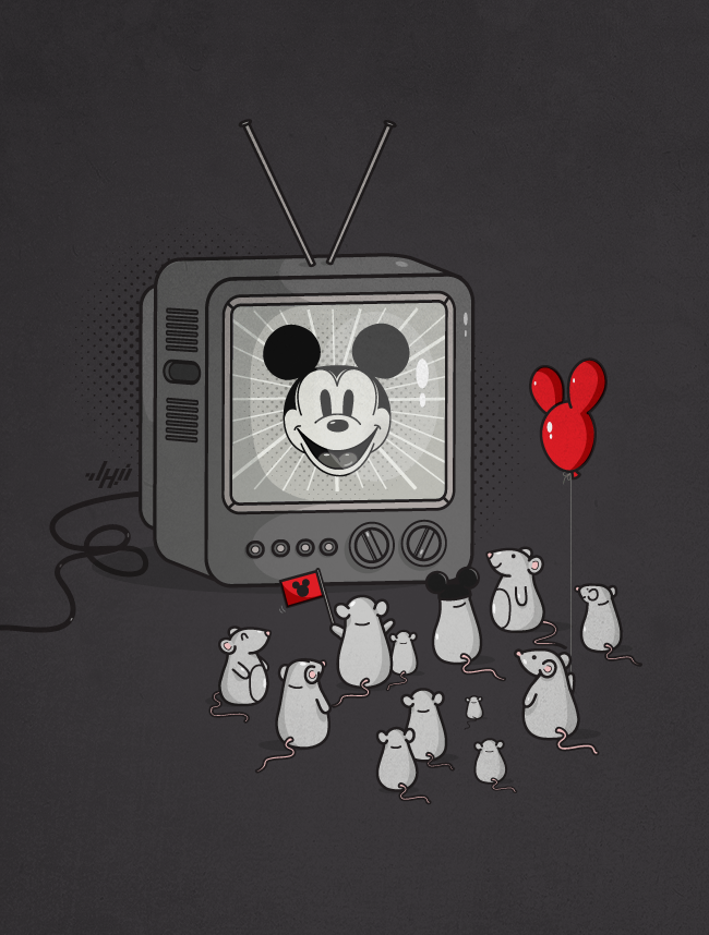 Small mice gathered around a TV showing Mickey Mouse as an idol