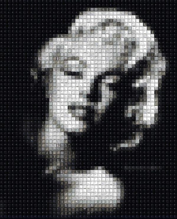 Mosaic portrait composed of keyboard keys
