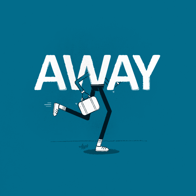 Running figure whose upper body is the word AWAY carrying a briefcase