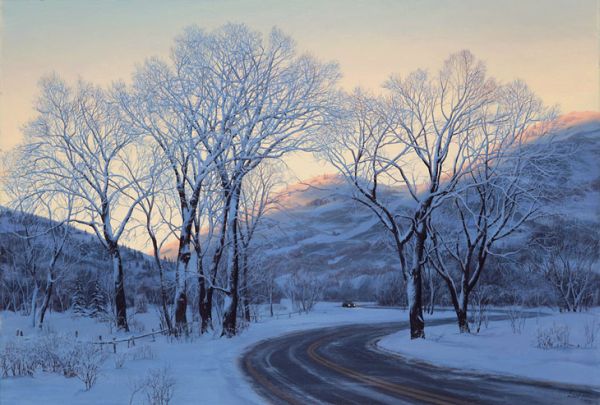 Snowy road through a valley with one car and mountain alpenglow by Evgeny Lushpin