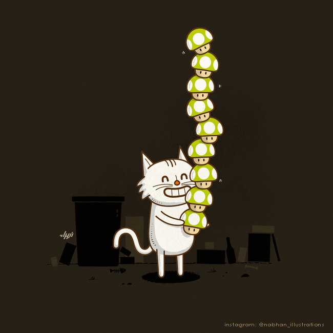 White cat balancing a stack of green 1-up mushrooms