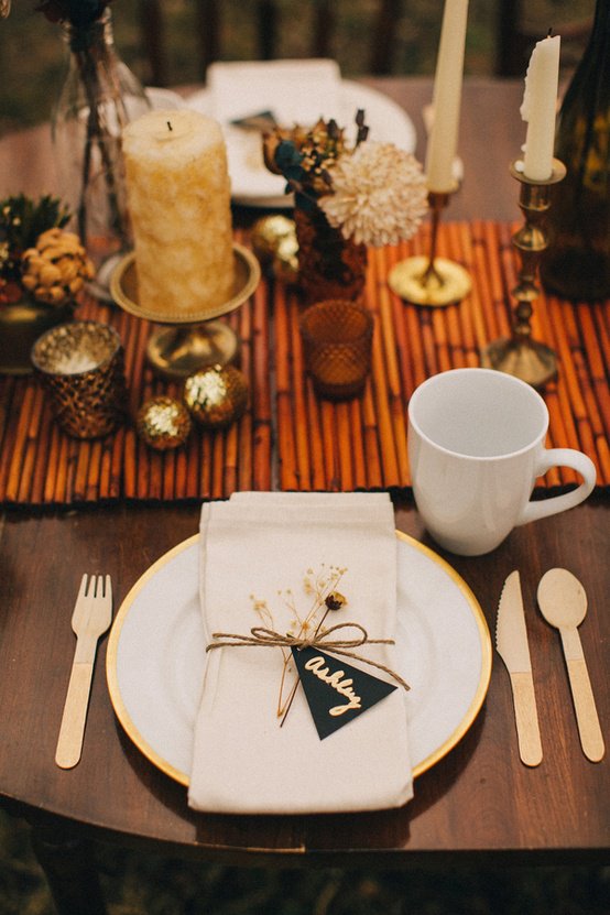 White winter dining décor with candles