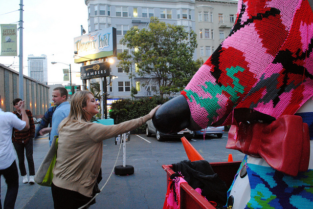 Olek crocheted Doggie Diner heads in San Francisco