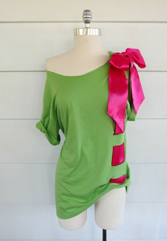 Lime green tee with pink ribbon woven through side slits
