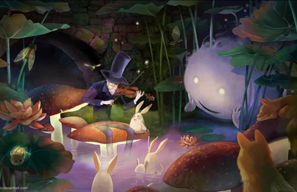 Wide forest scene with storybook characters gathered around a tree library