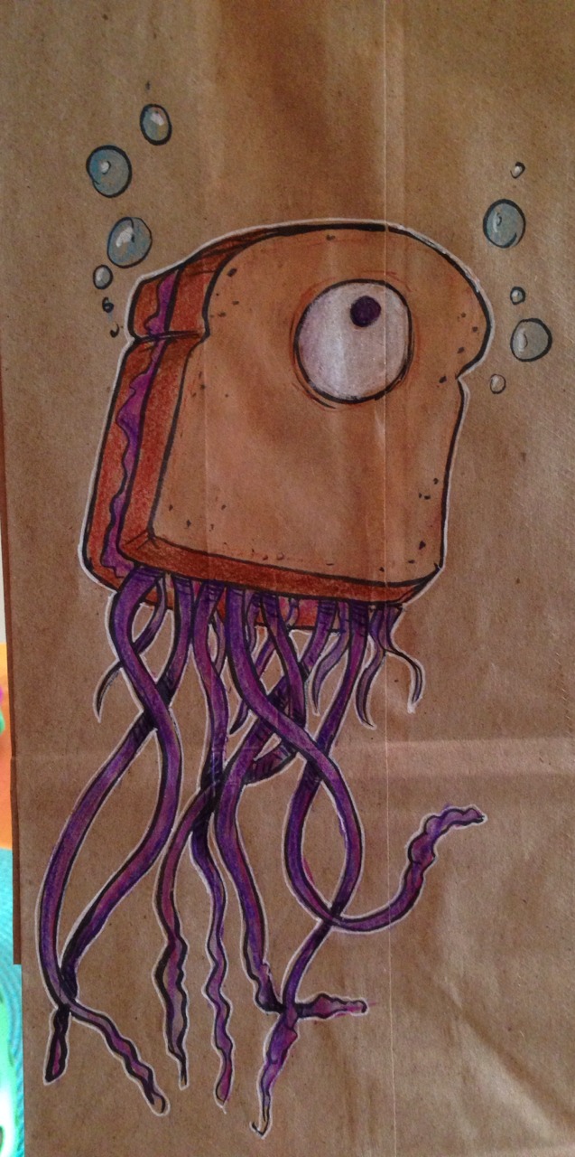 Illustrated brown paper lunch bag by Bryan Dunn