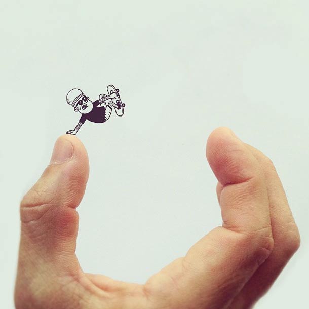 Tiny skateboarder illustration on a thumb