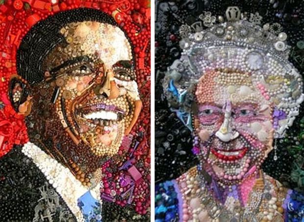 Found-object portraits of Barack Obama and Queen Elizabeth II