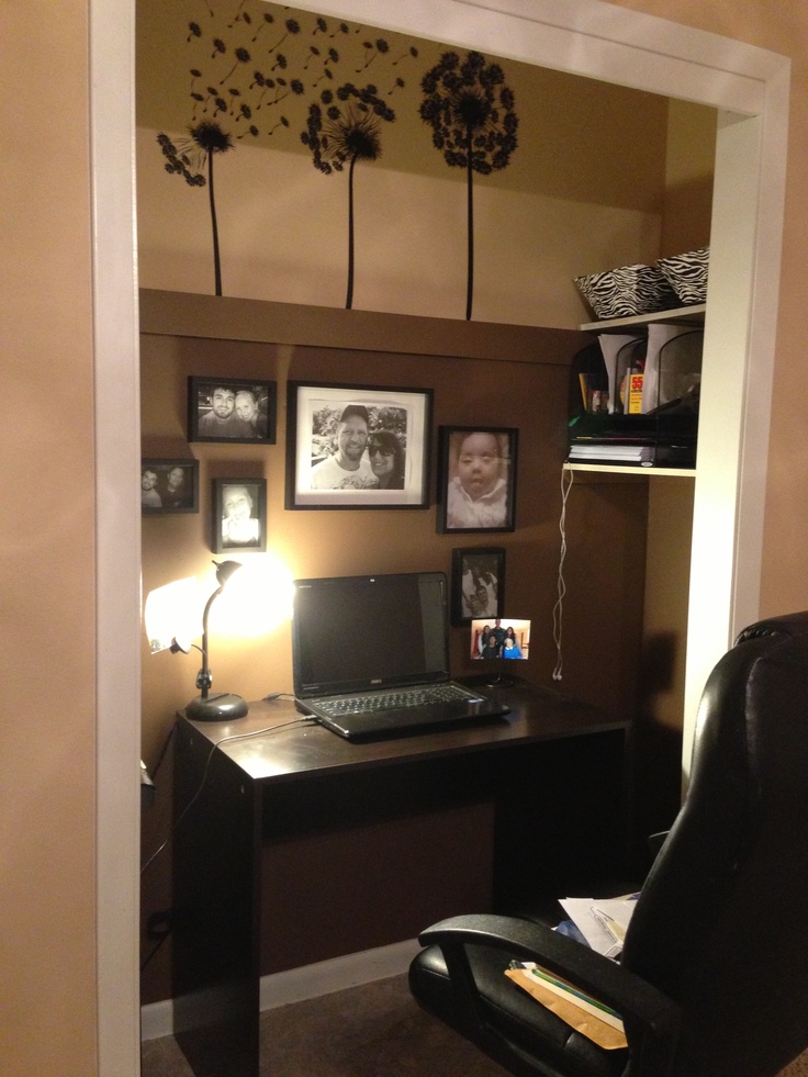 Narrow closet office with organized shelves