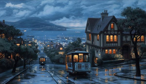 Evening-Journey-Evgeny-Lushpin03 San Francisco cable cars on a rainy twilight hill by Evgeny Lushpin