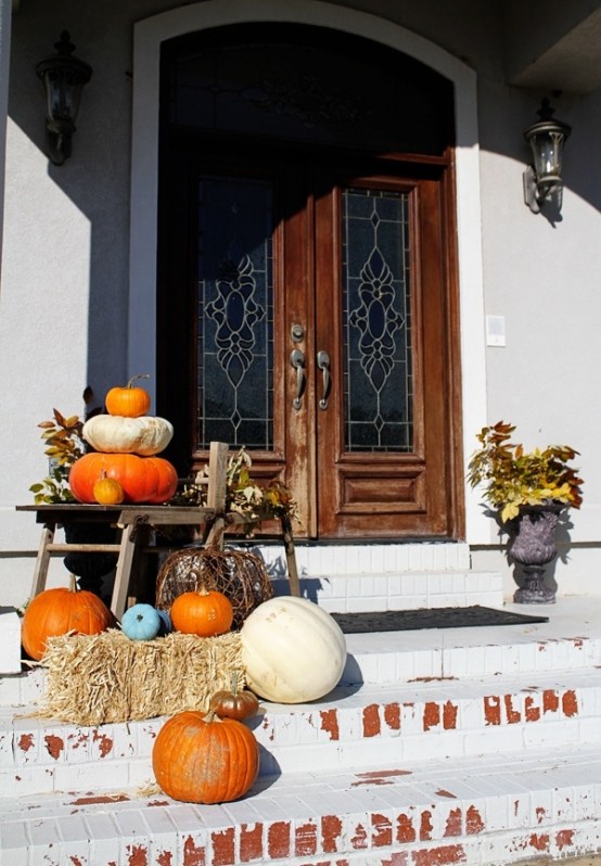 Porch steps decorated for fall