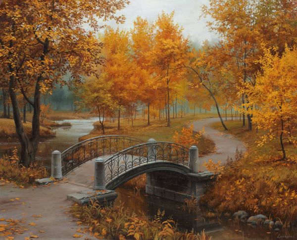 Evening-Journey-Evgeny-Lushpin05 Ornate autumn footbridge over a stream in misty woods by Evgeny Lushpin