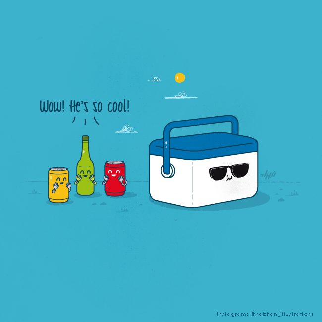 Drink cans admiring a cooler wearing sunglasses