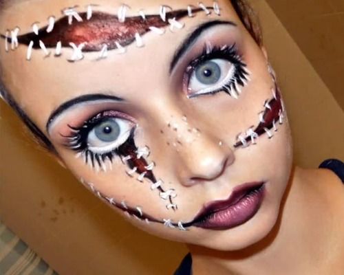 Stitched doll horror makeup with gashes and staples
