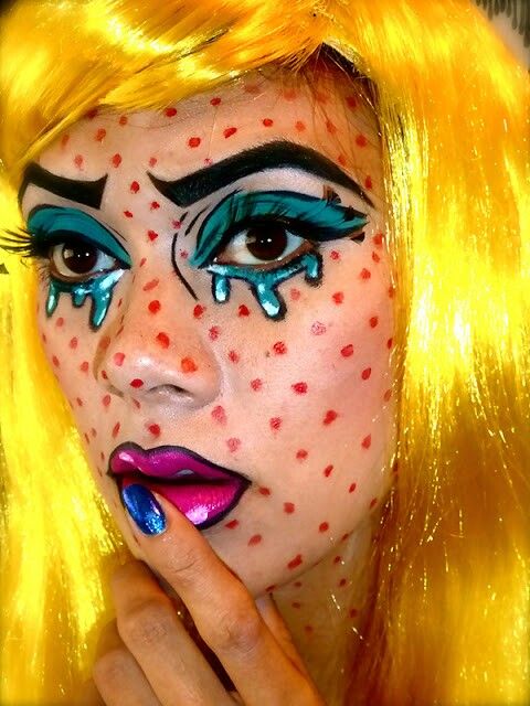 Yellow-wig pop art makeup with cyan comic tears