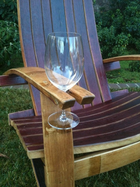 Wine barrel stave garden chair with glass holder