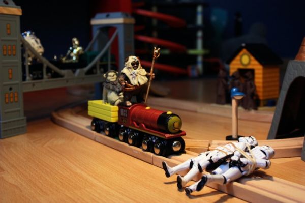 Ordinary-Day-Stormtrooper16 Stormtroopers tied to toy train tracks as Ewoks ride the engine