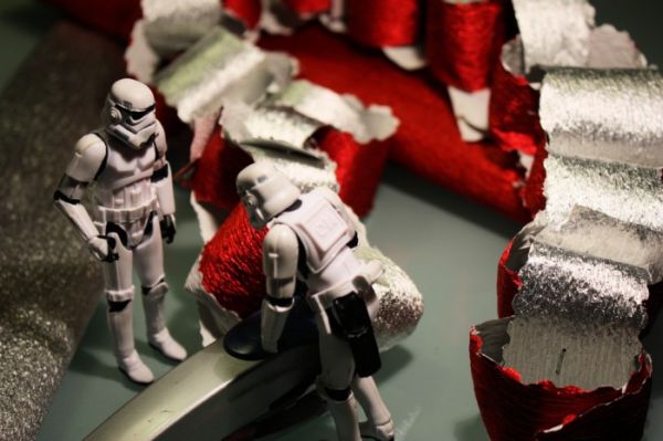 Two stormtroopers in a diorama of foil terrain and metal gear