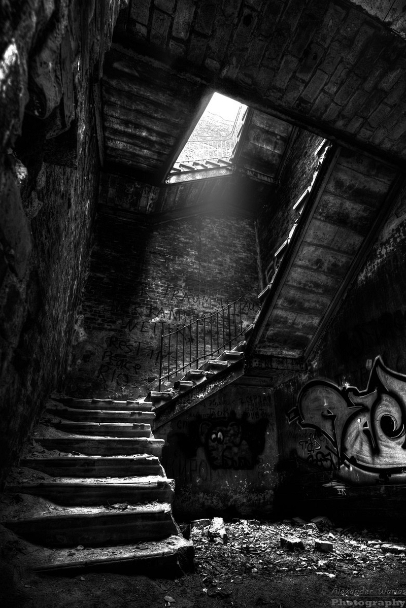 Alexander Warias abandoned staircase black and white