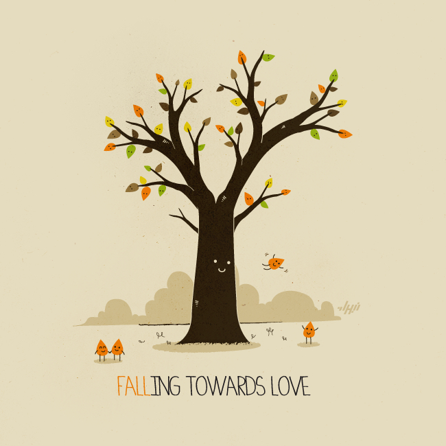Falling Towards Love autumn tree with personified leaves