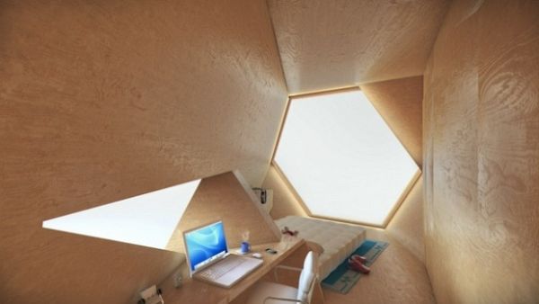 origami-office03 Faceted plywood workspace with laptop and triangular window