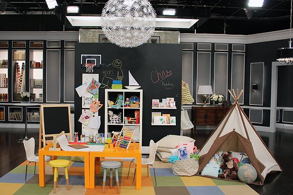 Kids basement playroom shelves