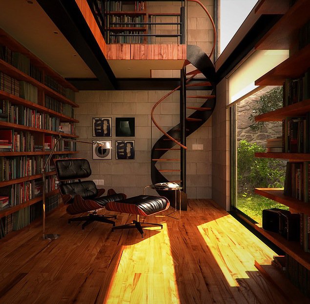 Industrial loft library with spiral stair and lounge chair